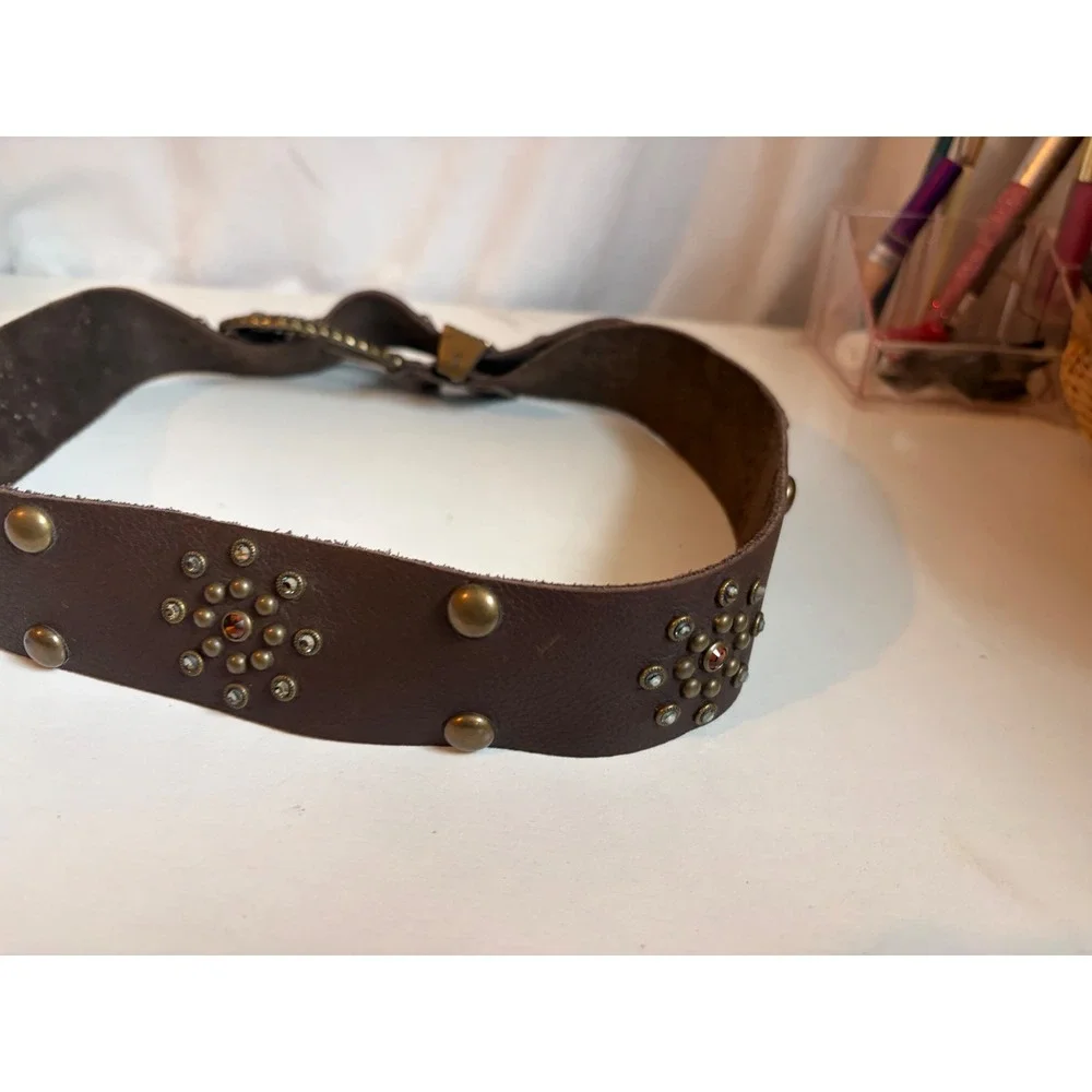 Vintage LEATHERROCK USA Brown Leather Western Rhinestone Belt Boho 41